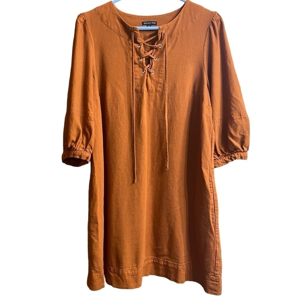 Who What Wear Burnt Orange Linen Blend Balloon Sleeve Mini Dress Size Small